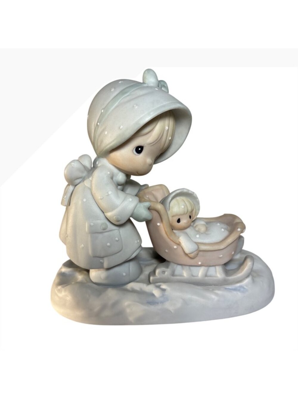 Precious Moments January Figurine Mom Baby in Sleigh 1987 5.5” Long